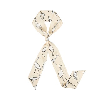 Silk Satin Skinny Scarf with Egret Print in Creamy White 160