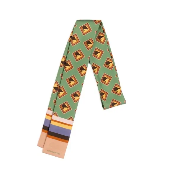 Silk Twill Skinny Scarf with Kiwi Road Sign and Rainbow in Fern Green 120