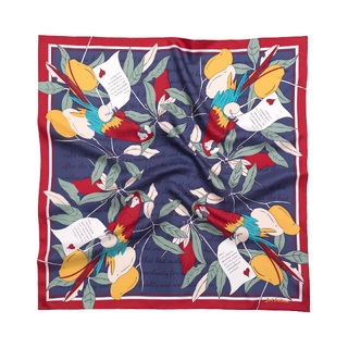 Square Silk Scarf with Parrots and Love Letter in Navy Blue and Red 60