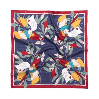 Square Silk Scarf with Parrots and Love Letter in Navy Blue and Red 60