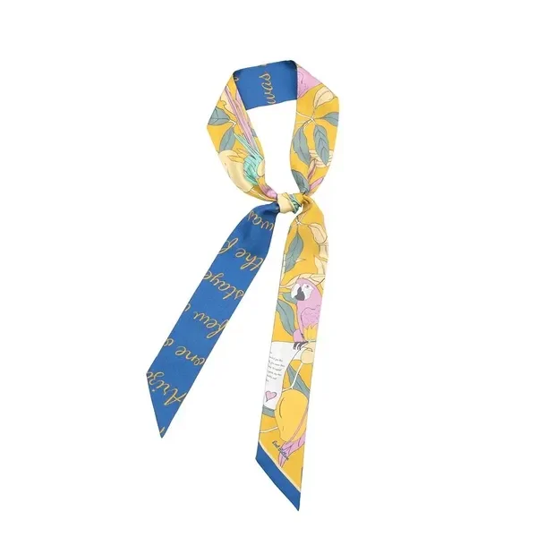 Skinny Silk Scarf with Parrots and Love Letter in Tuscan Sun Yellow 120
