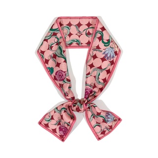 Silk Twill Skinny Scarf with Rose Print in Rouge Pink 100