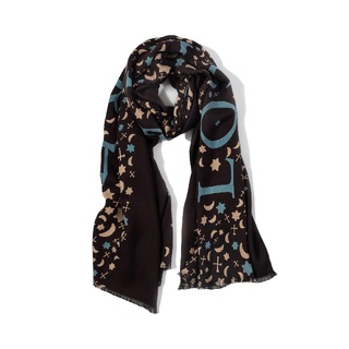 Thin Worsted Wool Shawl with Khazars Symbols Prints in Black
